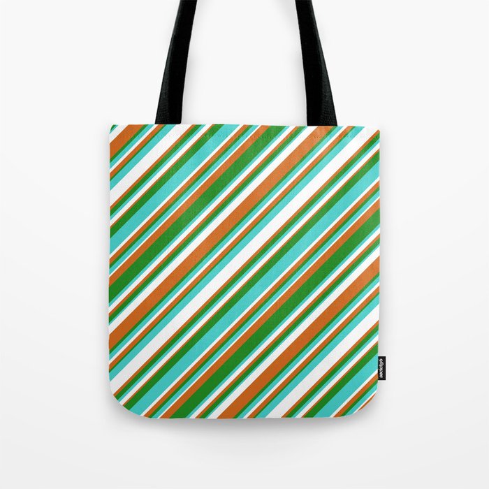 Chocolate, Forest Green, Turquoise, and White Colored Stripes/Lines Pattern Tote Bag