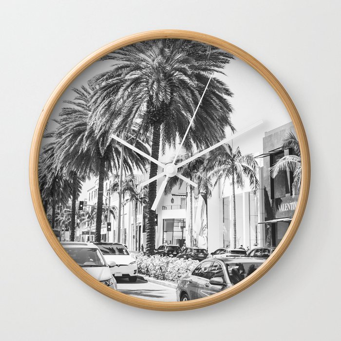 Rodeo Drive in Beverly Hills - Black and White Photo - Los Angeles, California Wall Clock