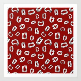 Take a bite out of life - Vampire teeth on red Art Print | Vampire, Pattern, White, Biteme, Bite, Fang, Drawing, Teeth, Blood, Plastic 