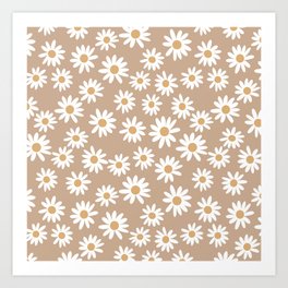 Daisies - daisy floral repeat, daisy flowers, 70s, retro, black, daisy florals camel brown Art Print