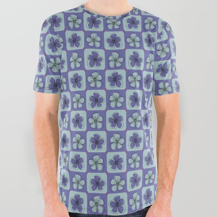 Simple modern floral checkered purple and blue daisy pattern All Over Graphic Tee