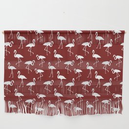 White flamingo silhouettes seamless pattern on burgundy background Wall Hanging