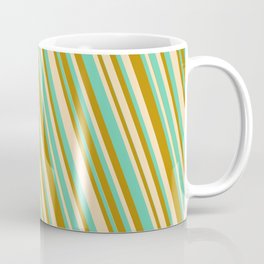 [ Thumbnail: Tan, Aquamarine & Dark Goldenrod Colored Striped/Lined Pattern Coffee Mug ]