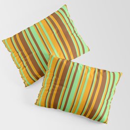 [ Thumbnail: Brown, Light Green, and Orange Colored Striped Pattern Pillow Sham ]
