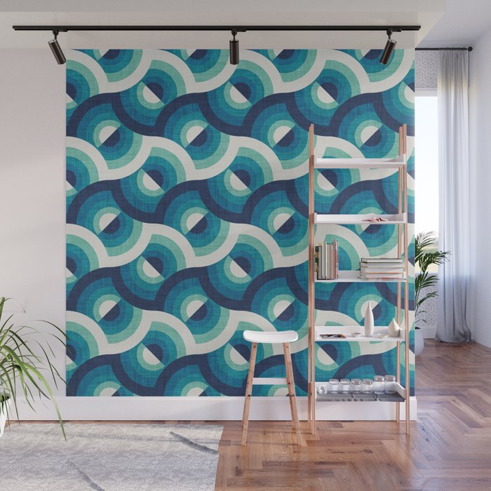 Here comes the sun // navy blue teal and spearmint gradient 70s inspirational groovy geometric suns Wall Mural