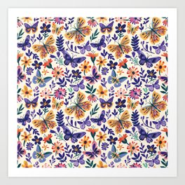 Floral Butterflies - Purple Boho Whimsical Art Print
