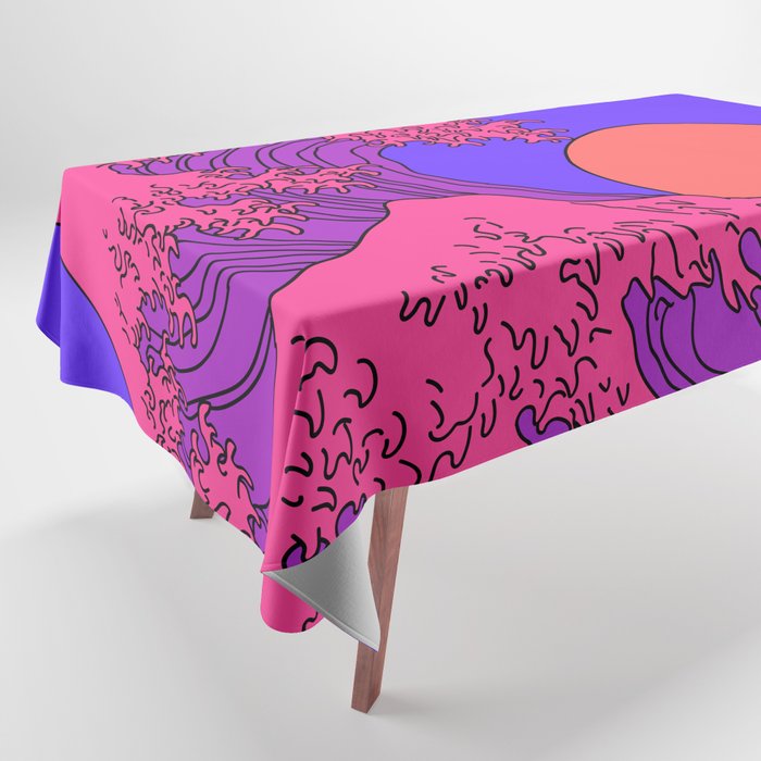 Great Wave in Vaporwave Pop Art style. View on ocean's crest leap toward the sky. Stylized line art illustration of 19th century Japanese print. Tablecloth