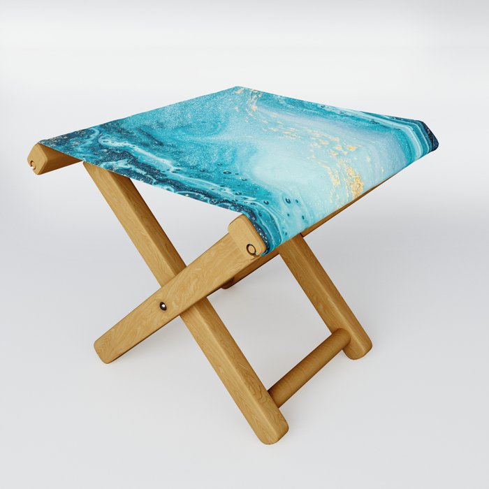 Aquamarine and Cerulean + Gold Flecked Abstract Ripples Folding Stool