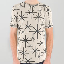 Stella II - Atomic Age Mid Century Modern Starburst Pattern in Charcoal Gray and Almond Cream  All Over Graphic Tee