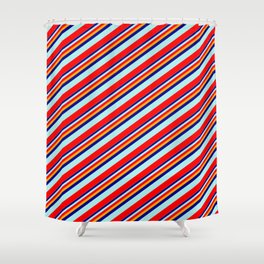 [ Thumbnail: Orange, Dark Blue, Turquoise, and Red Colored Stripes Pattern Shower Curtain ]