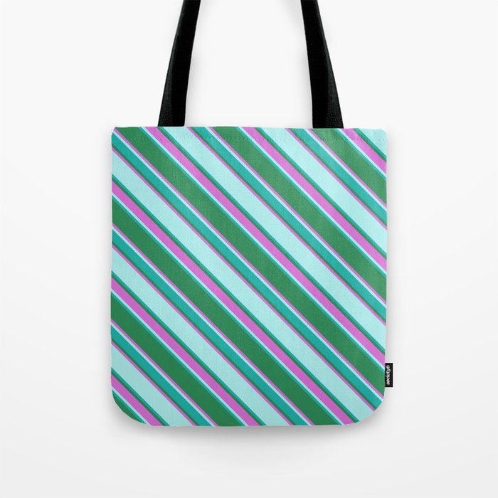 Sea Green, Orchid, Turquoise & Light Sea Green Colored Lined Pattern Tote Bag
