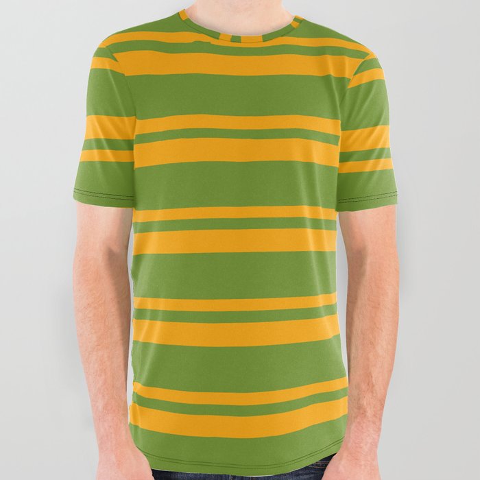 Green & Orange Colored Lined/Striped Pattern All Over Graphic Tee