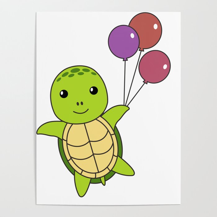 Turtle Sweet Animal Flies Balloons Children Poster