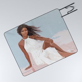 Woman In White Sleeveless Dress Standing On Beach During Daytime Picnic Blanket