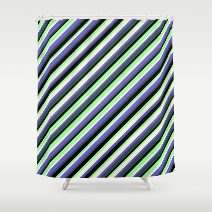 Colorful Beige, Slate Blue, Dark Slate Gray, Black & Green Colored Lined/Striped Pattern Shower Curtain