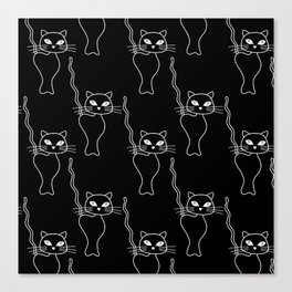White line art cat pattern on black  Canvas Print