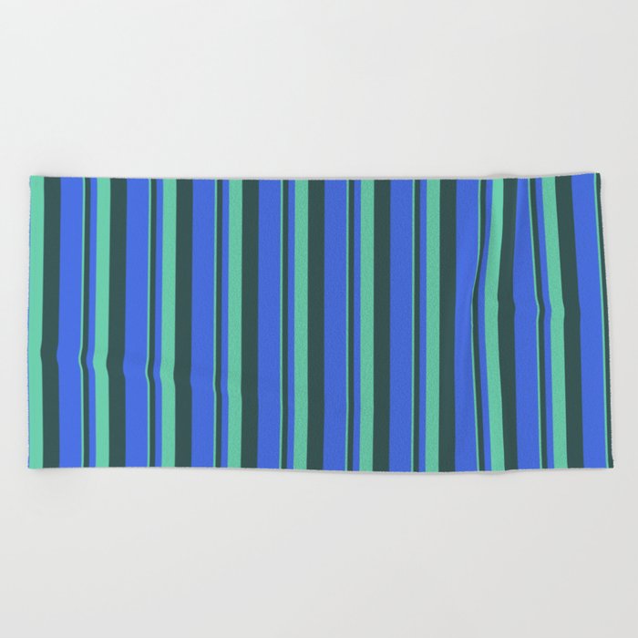Aquamarine, Dark Slate Gray, and Royal Blue Colored Lines/Stripes Pattern Beach Towel