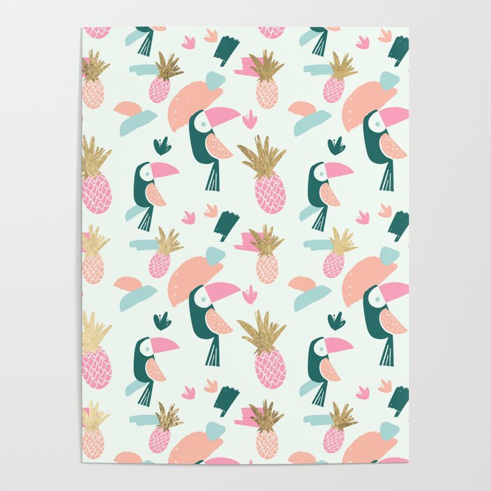 Summer Tropical Gold Pineapple Pink Green Toucan Brushstrokes Poster