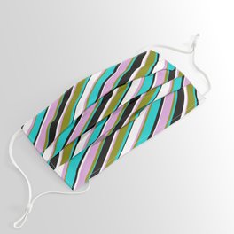 [ Thumbnail: Colorful Plum, Green, Dark Turquoise, Black, and White Colored Lined/Striped Pattern Face Mask ]
