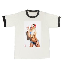 Sexy Modern Pinup Girl with Icepop in Jean Shorts & Cut of Shirt T Shirt | Female, Jeanshorts, Photo, Sexy, Pinupphotography, Pop Art, Girl, Color, Woman, Redwhiteblue 