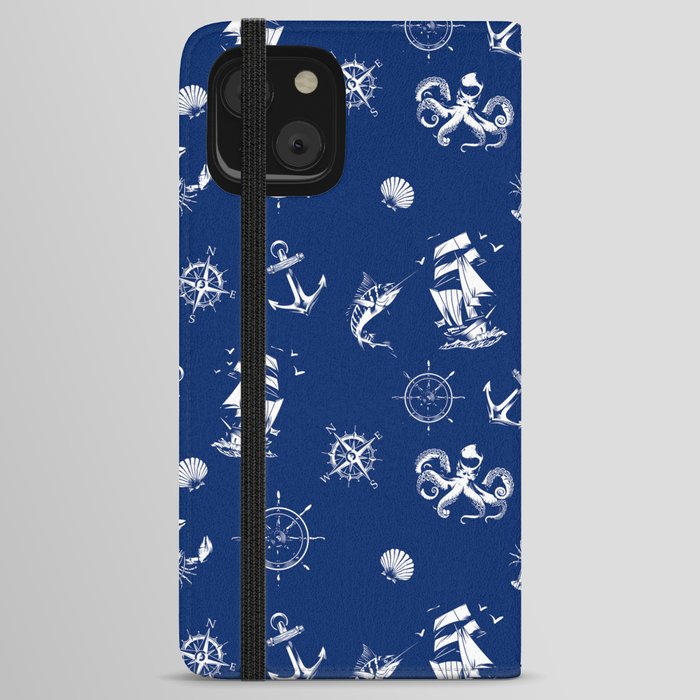 Blue And White Silhouettes Of Vintage Nautical Pattern iPhone Wallet Case