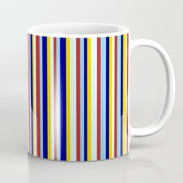 [ Thumbnail: Vibrant Red, Light Cyan, Yellow, Dark Blue, and Sky Blue Colored Lines Pattern Coffee Mug ]