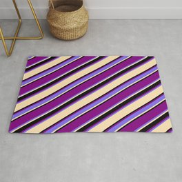 [ Thumbnail: Purple, Medium Slate Blue, Beige, and Black Colored Striped/Lined Pattern Rug ]
