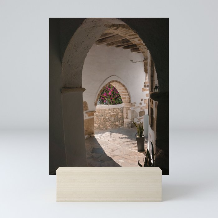 Sunny Peek Through in Greek Village | Stone Alley with Flowers | Ancient Town on the Cycladic Islands in Mediterranean Area | Travel Photography Mini Art Print