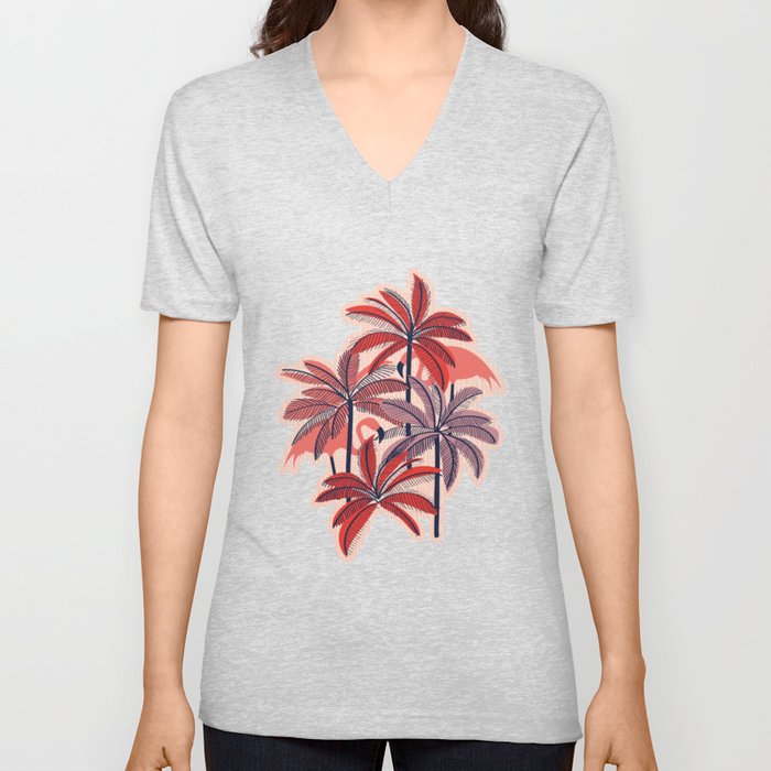 Retro vacation mode // rose background neon red orange shade coral and dry rose palm trees oxford navy blue lines coral flamingos V Neck T Shirt