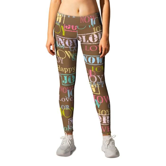 Enjoy The Colors - Colorful typography modern abstract pattern on Umber Brown background Leggings