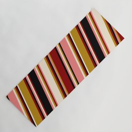[ Thumbnail: Vibrant Light Coral, Beige, Dark Goldenrod, Dark Red & Black Colored Lines/Stripes Pattern Yoga Mat ]