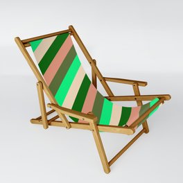 [ Thumbnail: Eye-catching Green, Bisque, Dark Green, Dark Salmon & Dark Olive Green Colored Lined/Striped Pattern Sling Chair ]