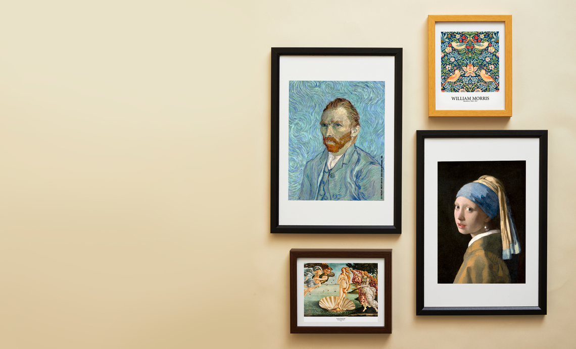 Assorted framed wall art prints featuring works of notable artists