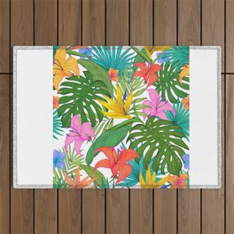 Tropical art,Palmtree,monstera pattern,white background  Outdoor Rug