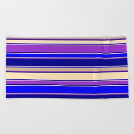 [ Thumbnail: Colorful Dark Orchid, Dark Blue, Beige, Blue & Tan Colored Striped Pattern Beach Towel ]