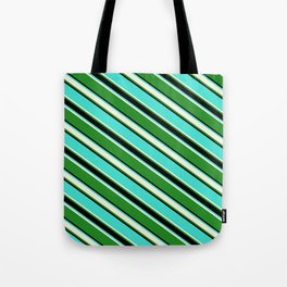 [ Thumbnail: Turquoise, Beige, Forest Green, and Black Colored Lined Pattern Tote Bag ]