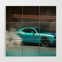 Vintage blue Hemi Challenger American Muscle car doing a burnout automobile transportation color photograph / photography poster posters Wood Wall Art