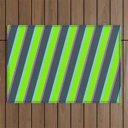 [ Thumbnail: Light Sky Blue, Green, Orchid & Dark Slate Gray Colored Striped Pattern Outdoor Rug ]