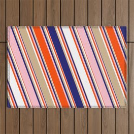 [ Thumbnail: Colorful Red, White, Tan, Midnight Blue, and Pink Colored Lines/Stripes Pattern Outdoor Rug ]
