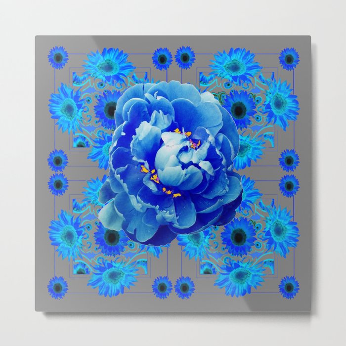 Baby Blue & Charcoal Grey Floral  Abstract Art Metal Print