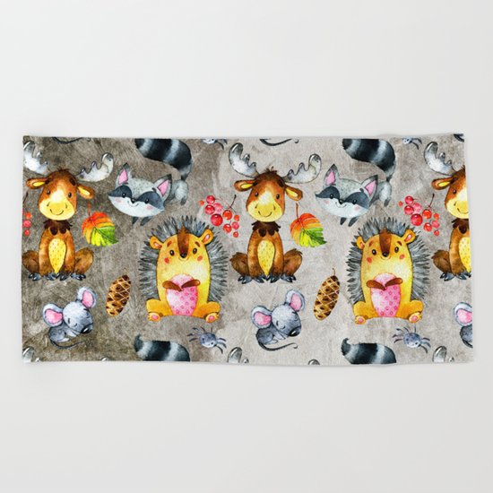 Woodland Animal Friends in forest -pattern for children Beach Towel