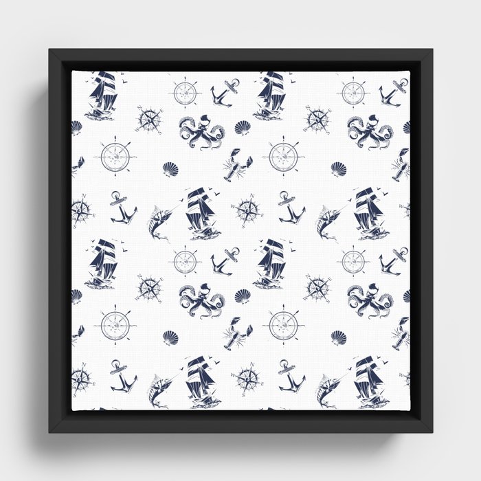 Navy Blue Silhouettes Of Vintage Nautical Pattern Framed Canvas