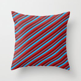 [ Thumbnail: Deep Sky Blue, Red & Dark Red Colored Lines Pattern Throw Pillow ]