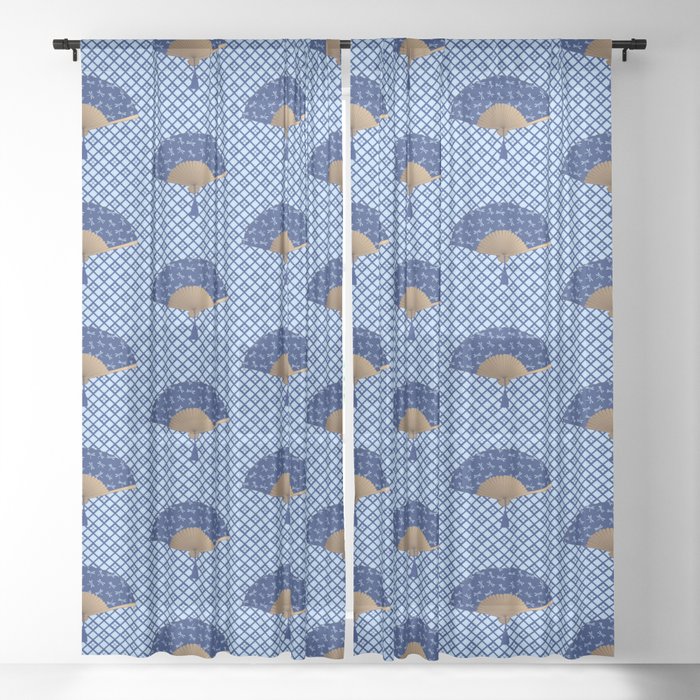Japanese Fan, Dragonfly Pattern, Cobalt Blue Sheer Curtain