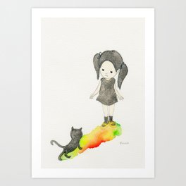 Girl and black cat Art Print