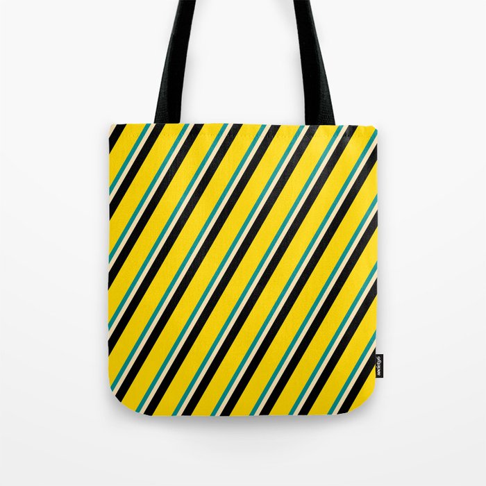 Dark Cyan, Beige, Black & Yellow Colored Stripes/Lines Pattern Tote Bag
