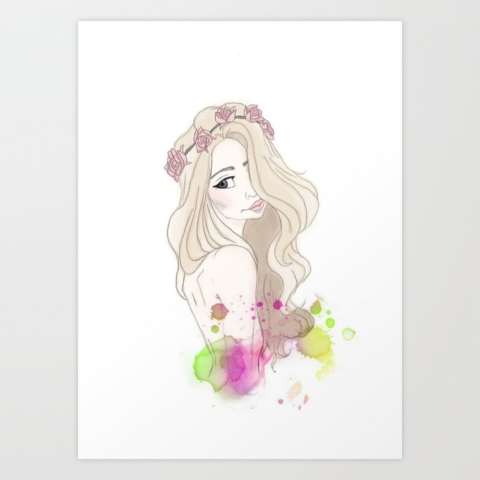 Blonde Flower Crown Girl Art Print