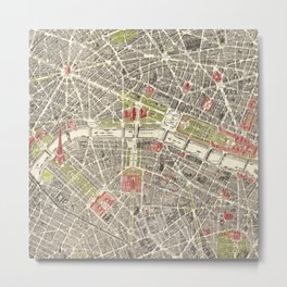Paris, France City Map Vintage Poster, Eiffel Tower, Notre-Dame, Champs-Elysees, Arc de Triomphe, Latin Quarter Metal Print
