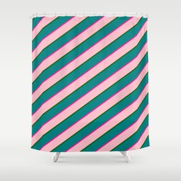 [ Thumbnail: Deep Pink, Pink, Dark Green & Teal Colored Lined/Striped Pattern Shower Curtain ]