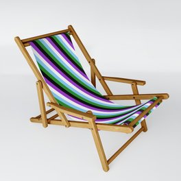 [ Thumbnail: Eye-catching Dark Orchid, White, Light Sky Blue, Forest Green, and Black Colored Stripes Pattern Sling Chair ]